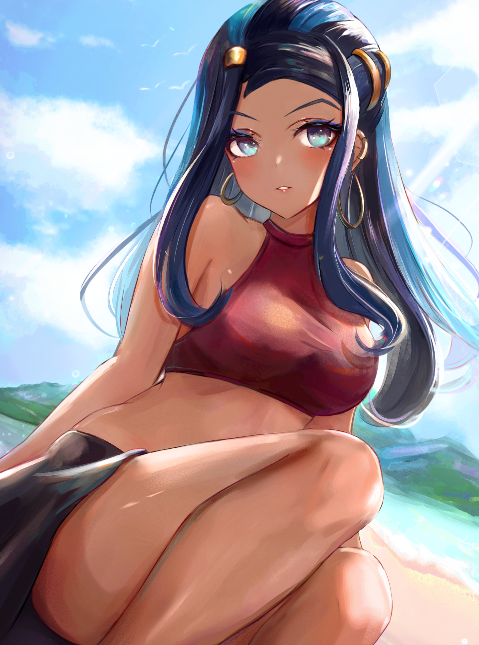 1girl, arms_behind_back, bare_legs, bare_shoulders, black_hair, blue_eyes, blue_hair, blue_sky