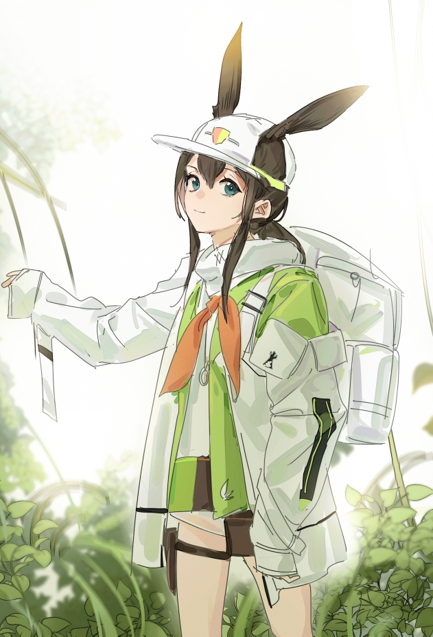 1girl, amiya_(arknights), amiya_(seeder)_(arknights), animal_ears, arknights, backpack, bag, baseball_cap
