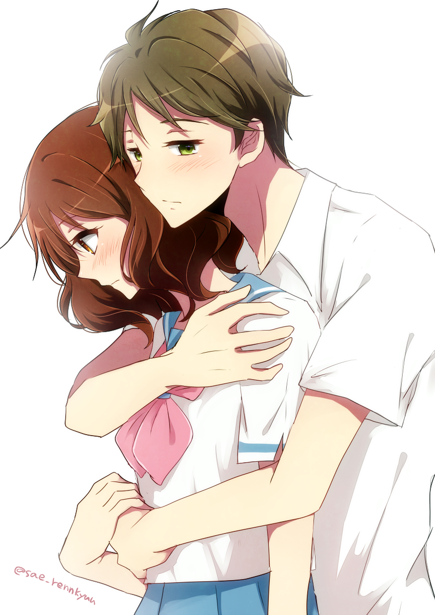 1boy, 1girl, bangs, blue_sailor_collar, blue_skirt, blush, brown_eyes, brown_hair, closed_mouth, collared_shirt, green_eyes, hetero, hibike!_euphonium, highres, holding_hands, hug, hug_from_behind, kitauji_high_school_uniform, looking_down, medium_hair, neckerchief, oumae_kumiko, pink_neckwear, pleated_skirt, sae_(renkyuuake), sailor_collar, school_uniform, serafuku, shirt, short_hair, short_sleeves, simple_background, skirt, tsukamoto_shuuichi, white_background, white_shirt