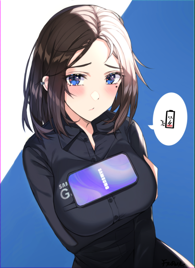 1girl, battery_indicator, blue_eyes, blush, breasts, brown_hair, buttons, cellphone, ear_piercing, frown_(wonderland85711), large_breasts, looking_at_viewer, medium_hair, mole, mole_under_eye, phone, piercing, samsung, samsung_sam, smartphone, speech_bubble, tawawa_challenge, upper_body