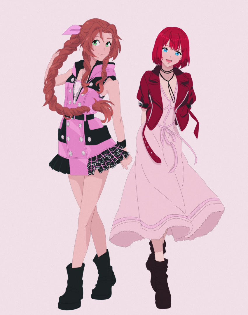 2girls, aerith_gainsborough, aerith_gainsborough_(cosplay), black_footwear, blue_eyes, brown_hair, cosplay, costume_switch