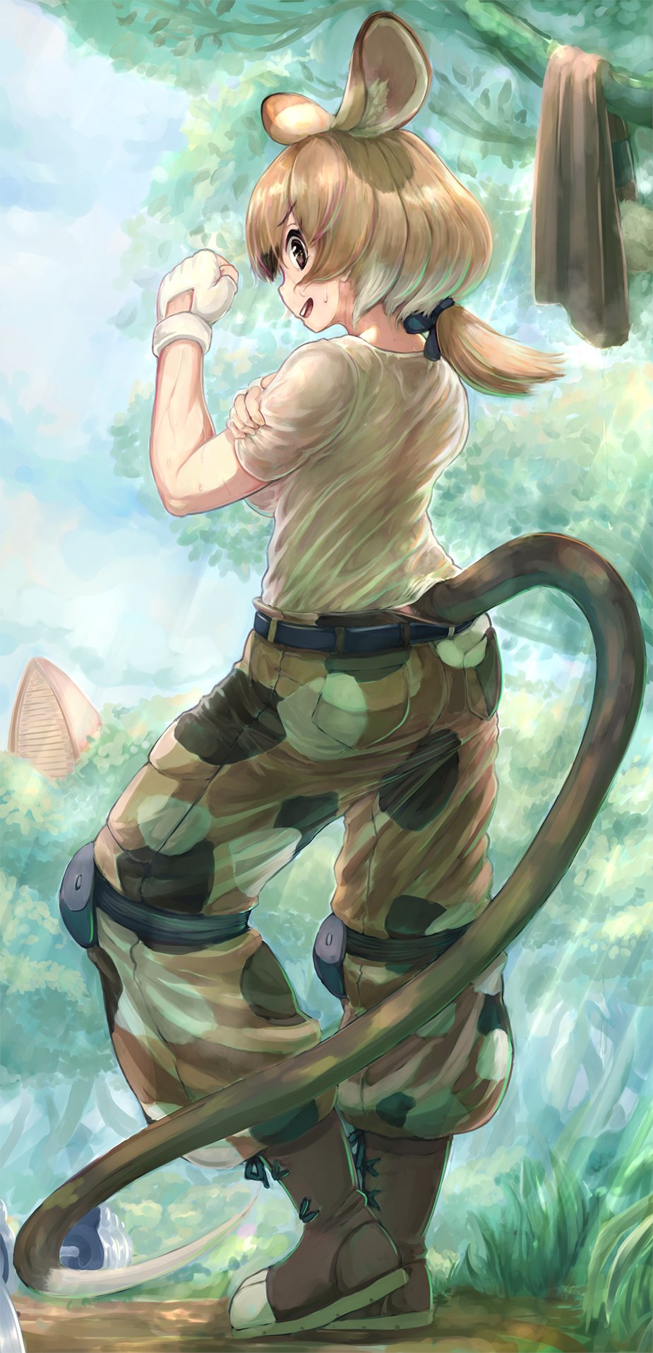1girl, animal_ears, back, baggy_pants, black_hair, boots, brown_eyes, brown_hair, commentary_request, day, extra_ears, eyebrows_visible_through_hair, fingerless_gloves, full_body, gambian_pouched_rat_(kemono_friends), gloves, hand_on_own_arm, hand_up, highres, kemono_friends, kemono_friends_3, knee_pads, long_hair, looking_at_viewer, low_ponytail, multicolored_hair, okyao, open_mouth, outdoors, pants, print_pants, see-through, shirt, short_sleeves, sideways_glance, smile, solo, standing, sweat, tail, vest, vest_removed, weights, wet, wet_clothes, wet_shirt, white_hair, white_shirt