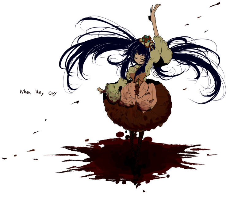 blood_stain, bloody_clothes, blue_hair, bow, dress, flower, furudo_erika, hair_ornament