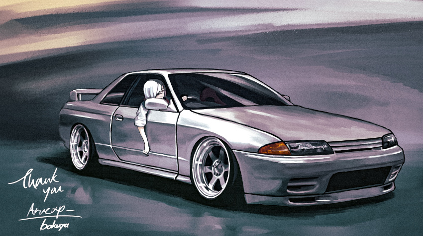 1girl, bangs, bokuya, car, commission, eyepatch, ground_vehicle, highres