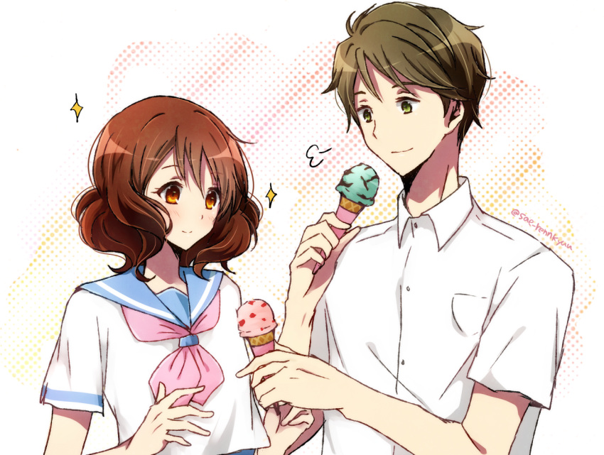 1boy, 1girl, artist_name, bangs, blue_sailor_collar, blush, brown_eyes, brown_hair