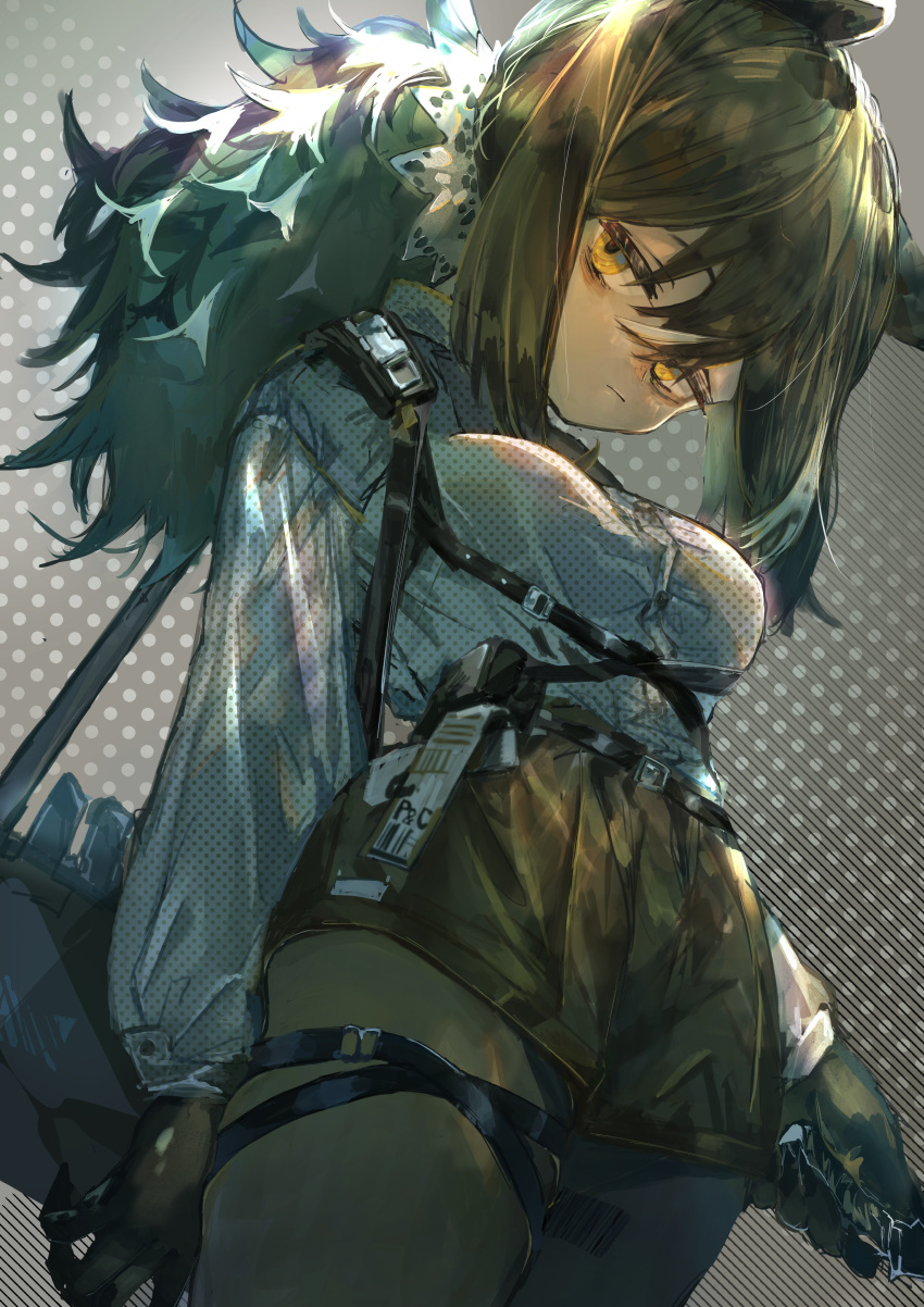 1girl, absurdres, aburiengawa3150, animal_ears, animal_hands, arknights, bag, barcode_tattoo
