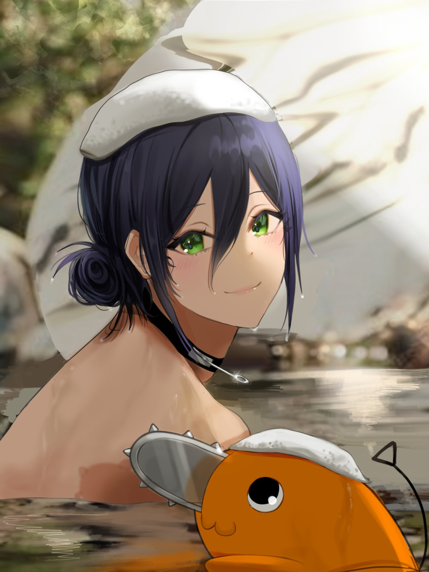 1girl, :3, black_eyes, blue_hair, blush, chainsaw_man, closed_mouth, commentary_request