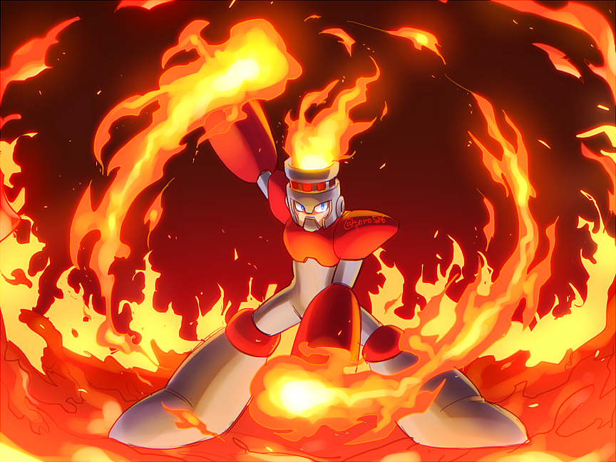1boy, artist_name, blue_eyes, fire, fire_man, flaming_hand, full_body, gradient, gradient_background, helmet, mega_man_(series), poroi_(poro586), red_background, robot, standing