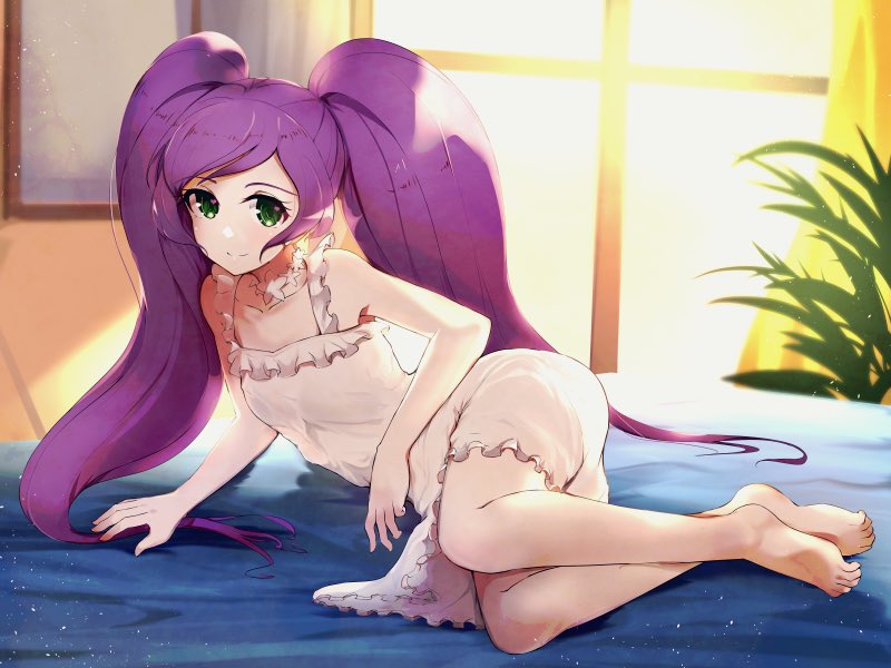 13-gou, 1girl, barefoot, breasts, character_request, closed_mouth, feet, grass, green_eyes, long_hair, looking_at_viewer, nightgown, purple_hair, shadow, smile, solo, sunlight, window