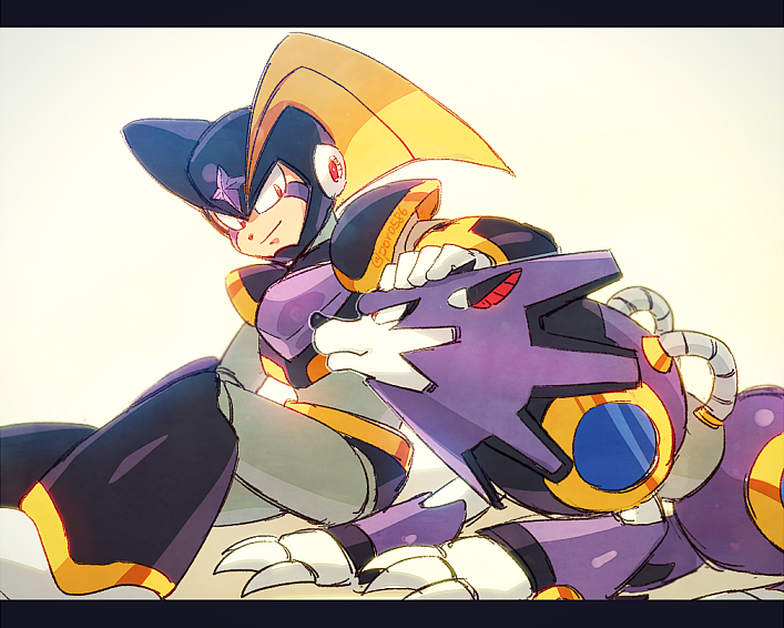 1boy, artist_name, bass_(mega_man), eye_contact, looking_at_another, mega_man_(series), petting, poroi_(poro586)
