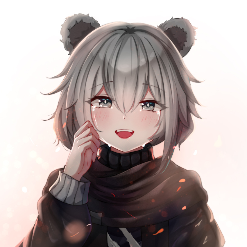 1girl, animal_ears, arknights, bear_ears, black_jacket, blush, commentary, crying, crying_with_eyes_open, eyebrows_visible_through_hair, grey_eyes, grey_hair, hand_up, highres, jacket, looking_at_viewer, misha_(arknights), morihar, open_mouth, portrait, short_hair, simple_background, solo, tears, white_background