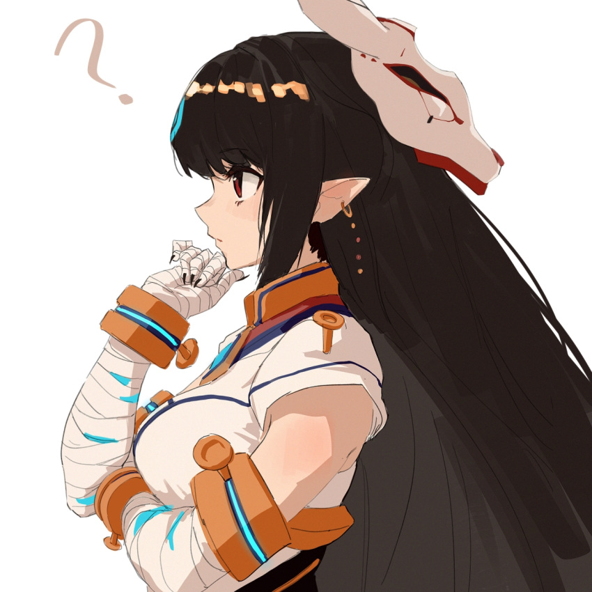 1girl, bandages, black_hair, breasts, earrings, fox_mask, highres, jewelry