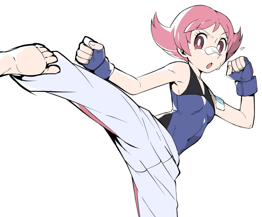 1girl, :o, bandaid, bandaid_on_arm, bandaid_on_nose, bangs, bare_arms, barefoot
