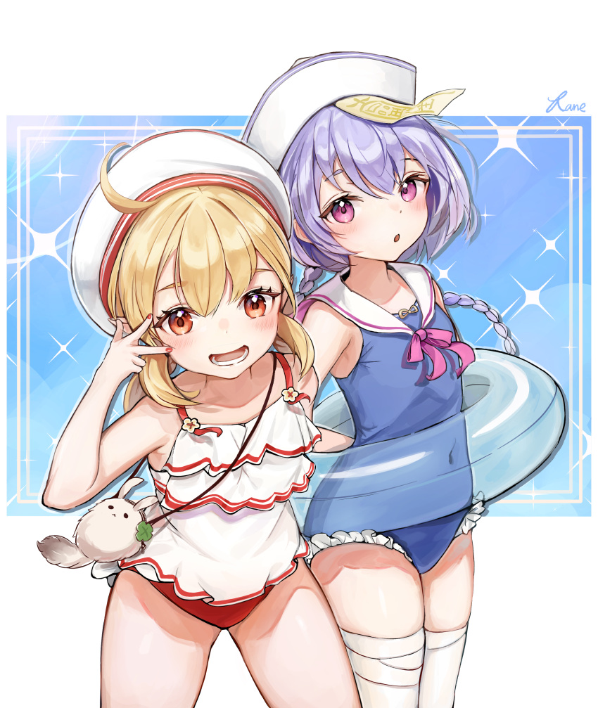 2girls, :d, absurdres, ahoge, alpakane, alternate_costume, bag, bandaged_leg