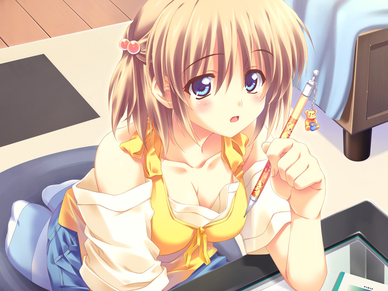 blue_eyes, breasts, brown_hair, cleavage, game_cg, kneeling, kusukusu, mechanical_pencil