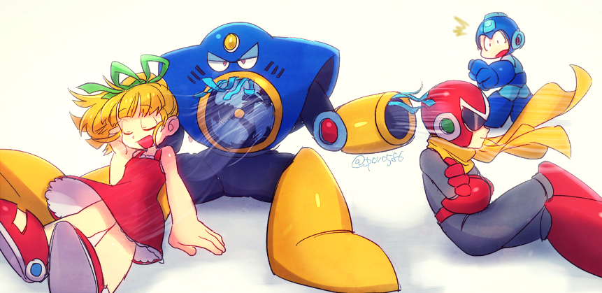1girl, 3boys, :d, air_man, arm_cannon, brown_eyes, cape, closed_eyes