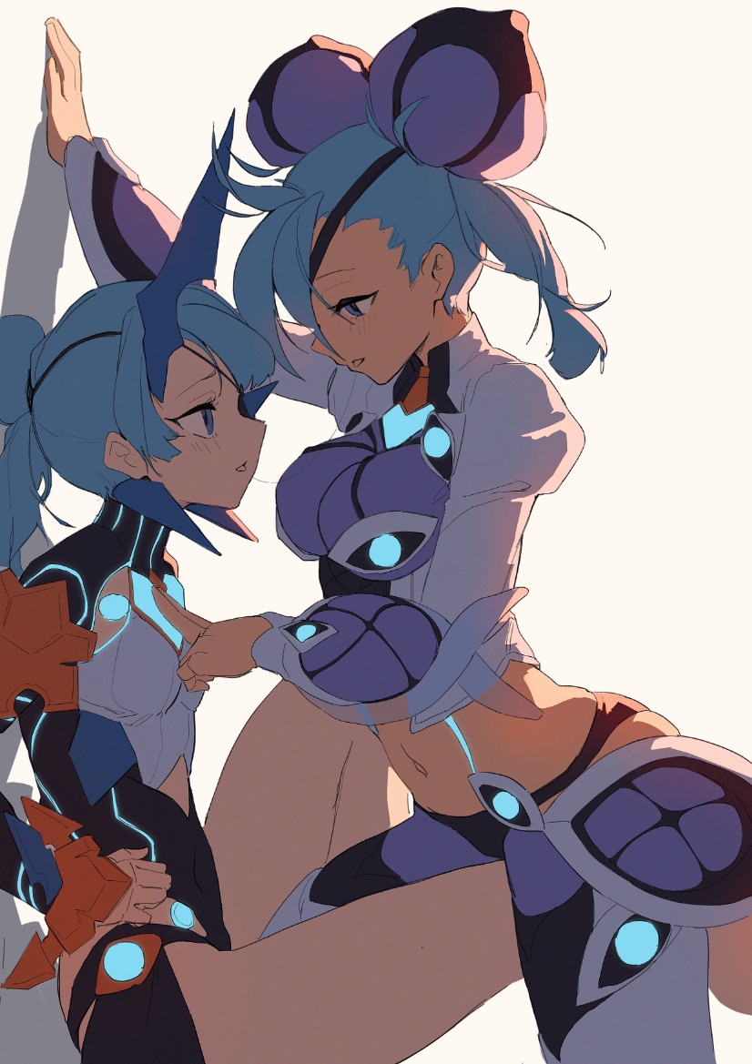 2girls, blue_eyes, blue_hair, breasts, eyepatch, large_breasts, multiple_girls, navel, praxis_(xenoblade), rui_(rei_leyi), simple_background, small_breasts, theory_(xenoblade), white_background, xenoblade_chronicles_(series), xenoblade_chronicles_2