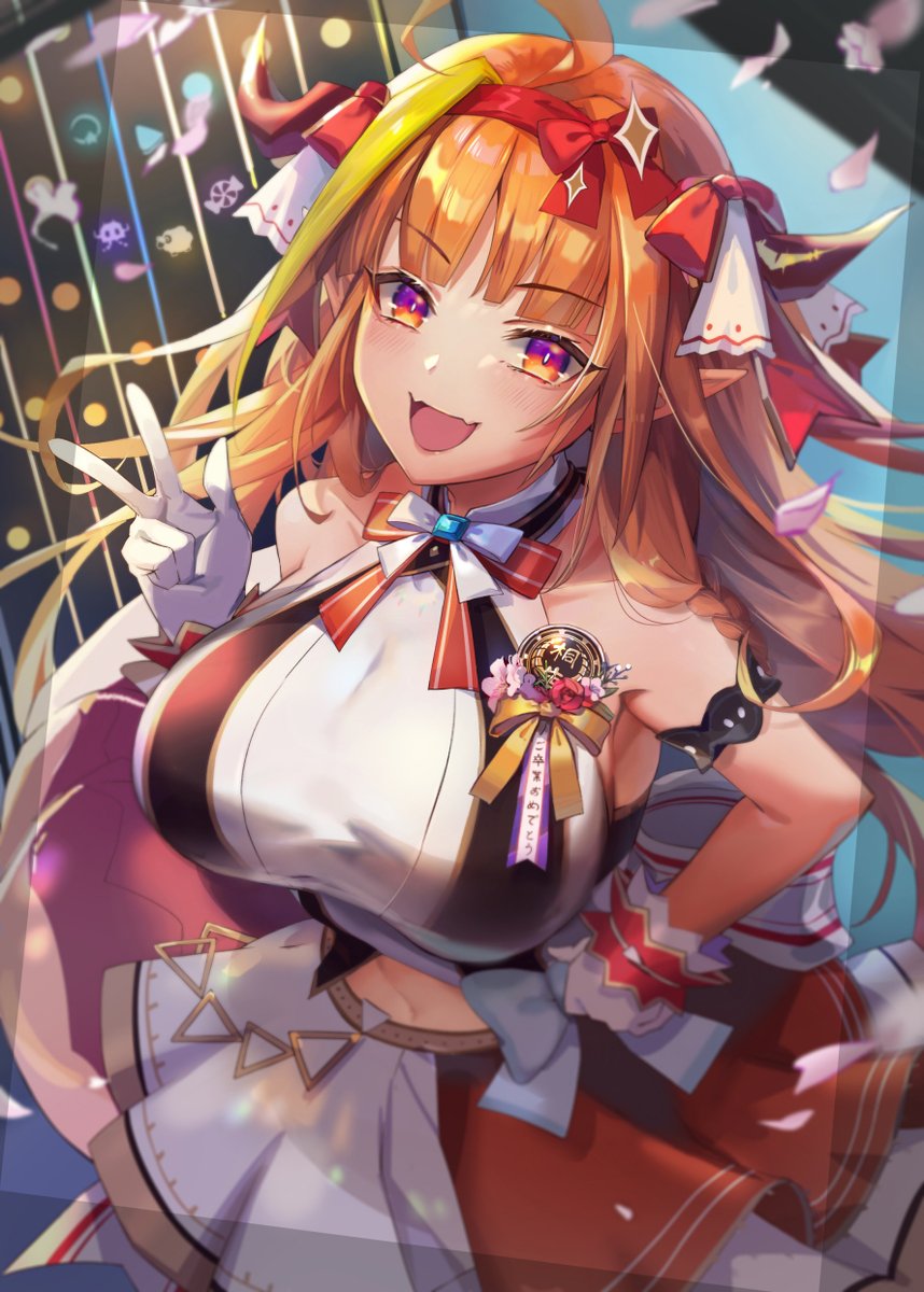 1girl, ahoge, arm_garter, back_bow, badge, bangs, bare_arms, bare_shoulders