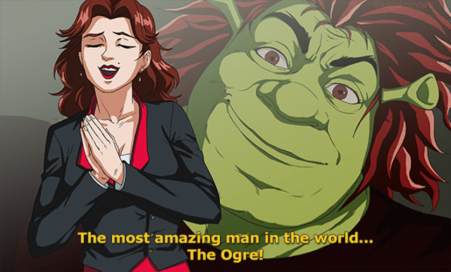 1boy, 1girl, akezawa_emi, brown_eyes, brown_hair, colored_skin, cosplay, derivative_work, ears, eyebrows, grappler_baki, green_skin, hands_together, hanma_yuujirou, hanma_yuujirou_(cosplay), kajiforces, long_hair, monster, ogre, parody, pointy_ears, red_lips, red_shirt, screencap, screencap_redraw, shirt, shrek, shrek_(series), smile, subtitled, thick_eyebrows, zoom_layer