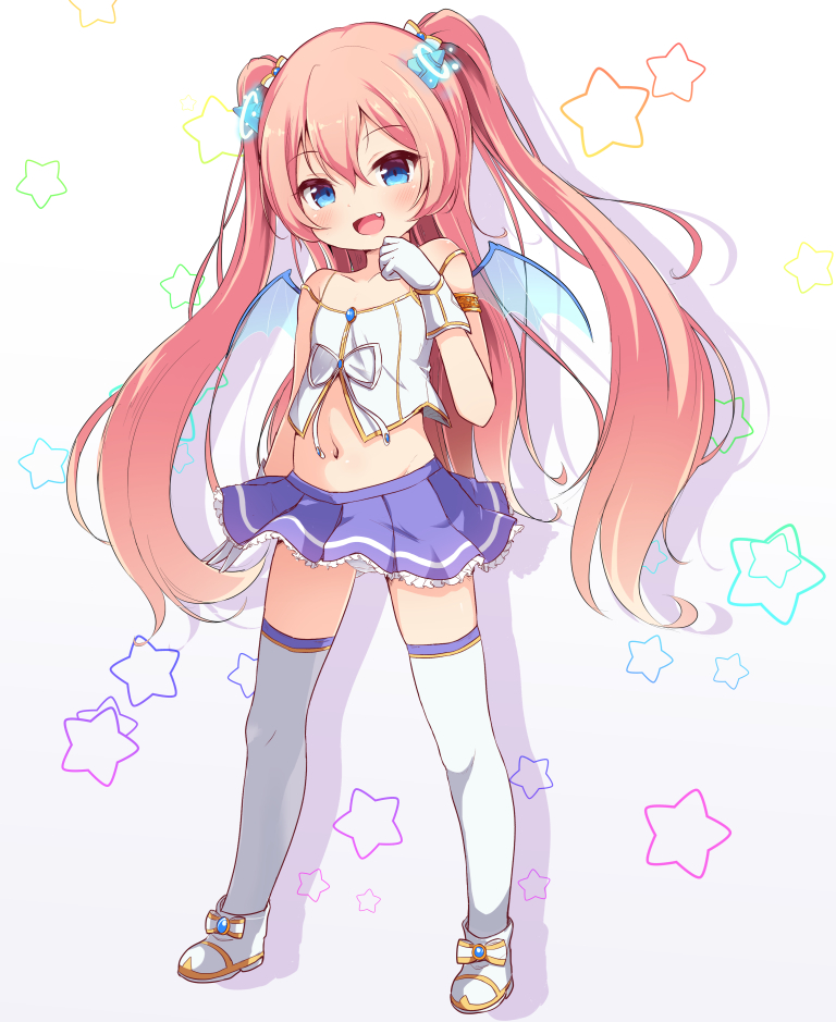 1girl, :d, angelic_buster, bangs, bare_shoulders, blue_eyes, blue_wings, blush