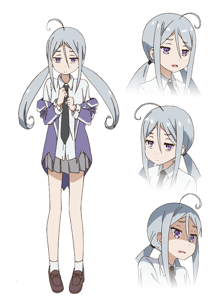 1girl, ahoge, collared_shirt, hair_between_eyes, loafers, looking_at_viewer, marchen_madchen, molly_c_quinn, multiple_views, necktie, official_art, pleated_skirt, school_uniform, shirt, shoes, silver_hair, skirt, tachi-e, transparent_background, twintails, violet_eyes, white_shirt