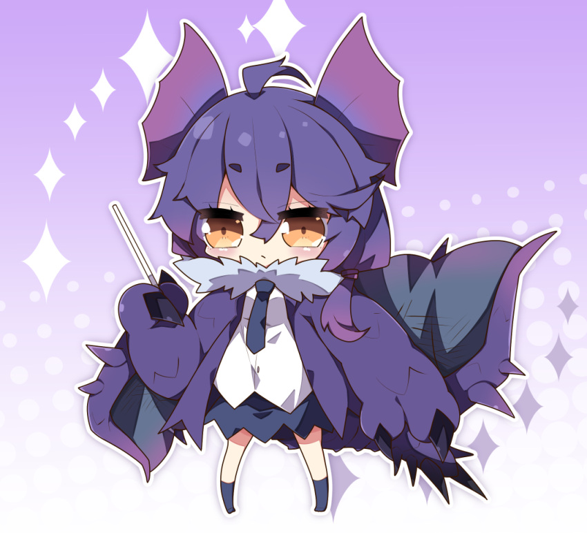 1girl, ahoge, bangs, black_legwear, black_neckwear, black_skirt, black_wings, blush