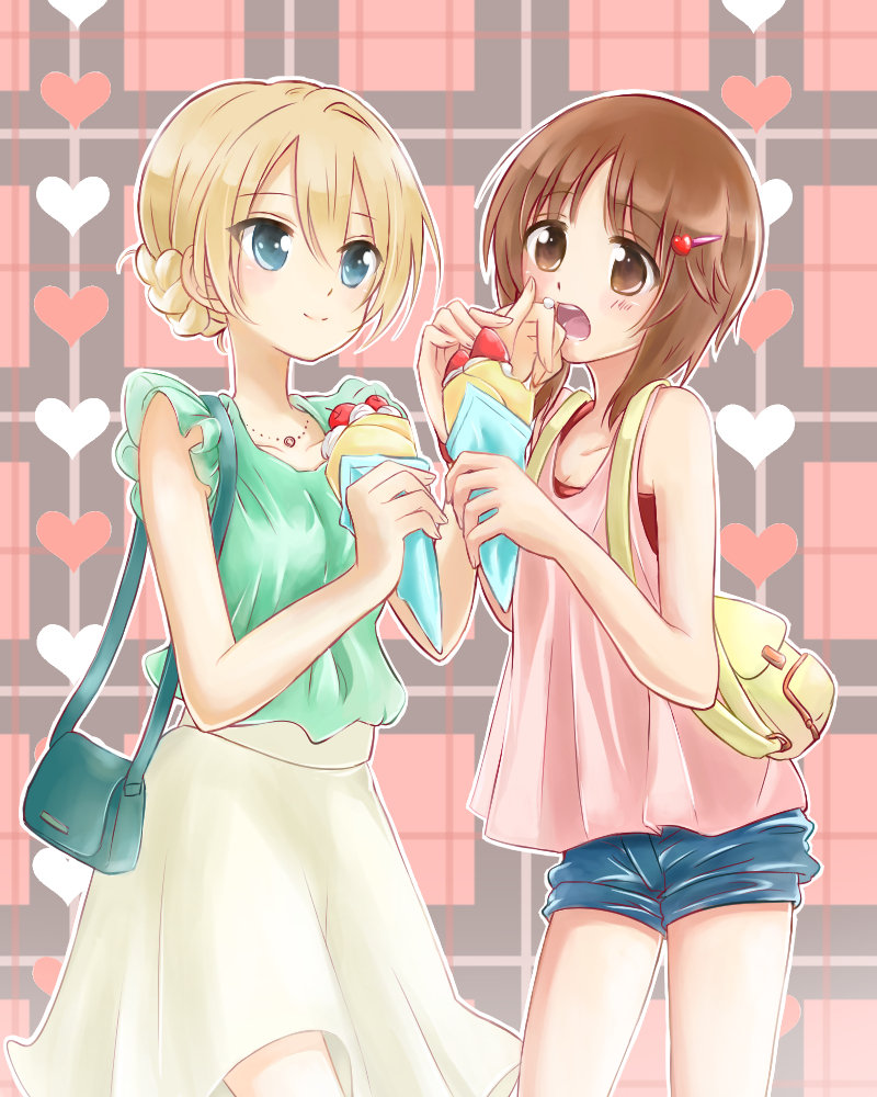 backpack, bag, bangs, blonde_hair, blue_eyes, blue_shorts, braid, brown_eyes