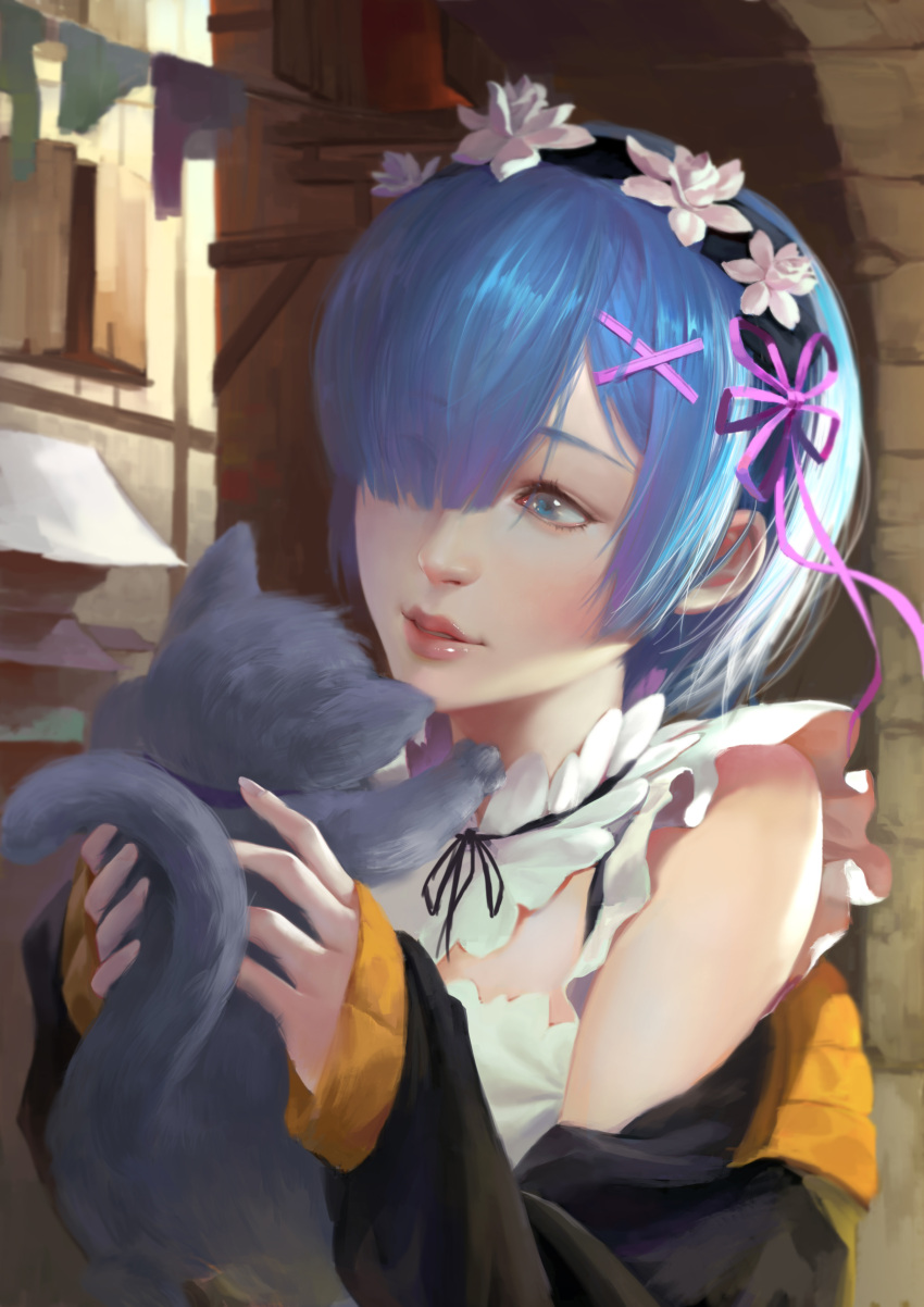 1girl, absurdres, animal, blue_eyes, blue_hair, blush, cat, flower_wreath