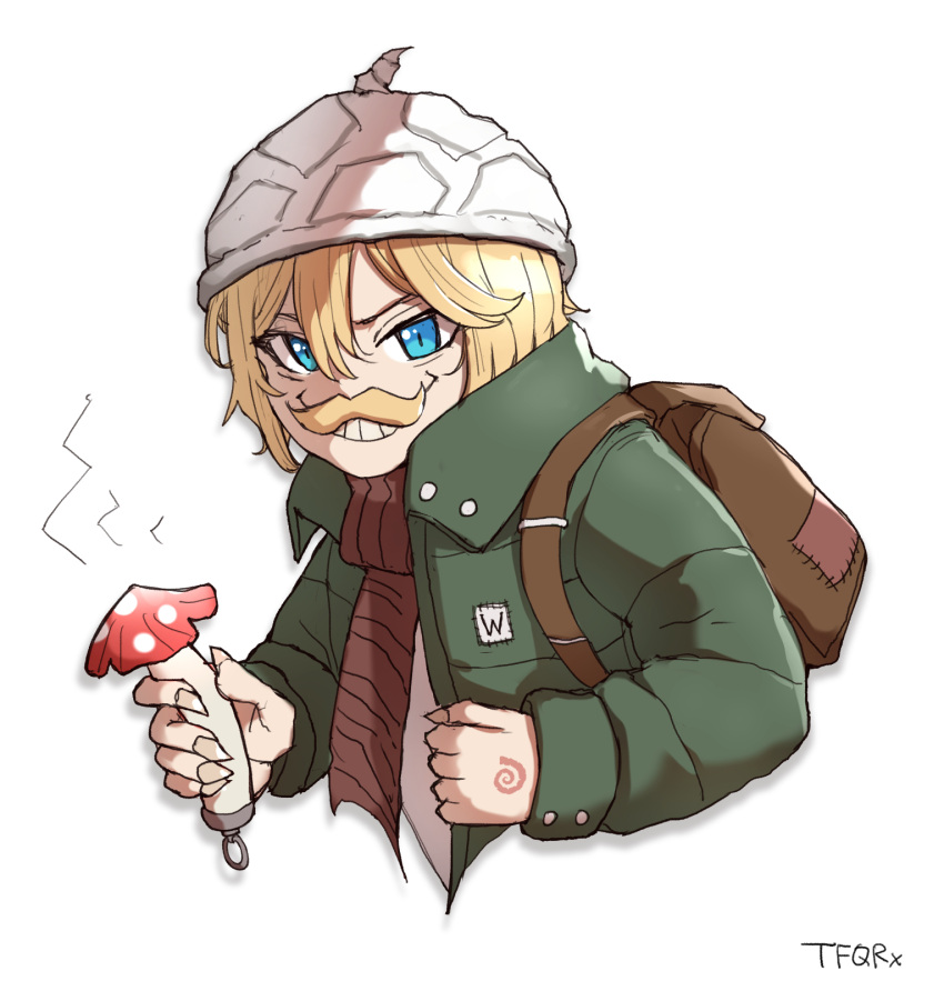 1boy, artist_name, backpack, bag, blonde_hair, blue_eyes, brown_bag, facial_hair