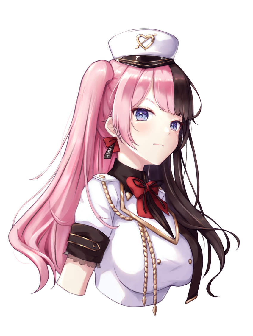 1girl, arrow_through_heart, bangs, black_hair, blue_eyes, bow, breasts, closed_mouth