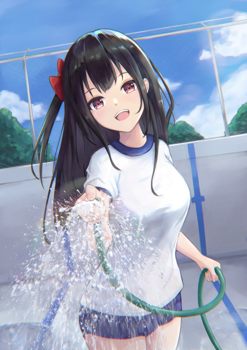 1girl, :d, bangs, black_hair, blue_shorts, blue_sky, bow, breasts
