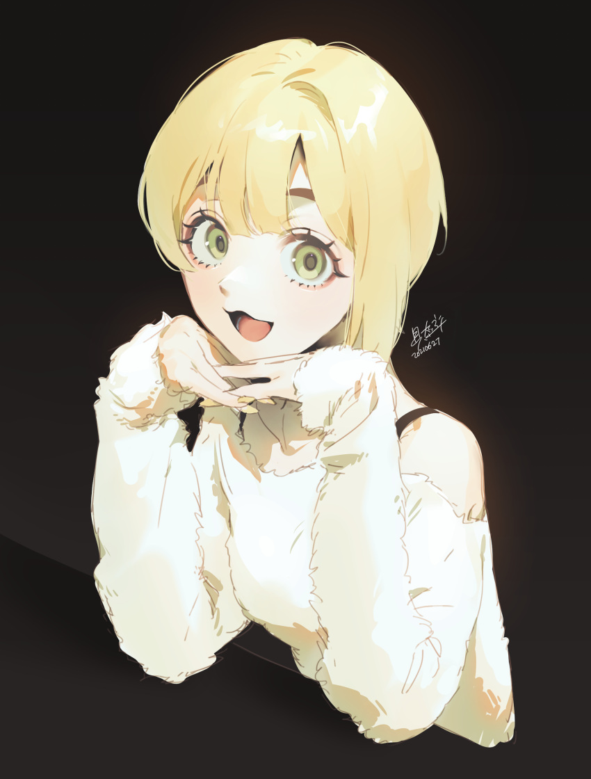 1girl, absurdres, baekryang, bangs, black_background, blonde_hair, dated, green_eyes