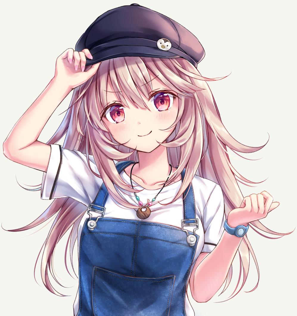 1girl, adjusting_clothes, adjusting_headwear, arm_up, bangs, c:, cabbie_hat, clenched_hand