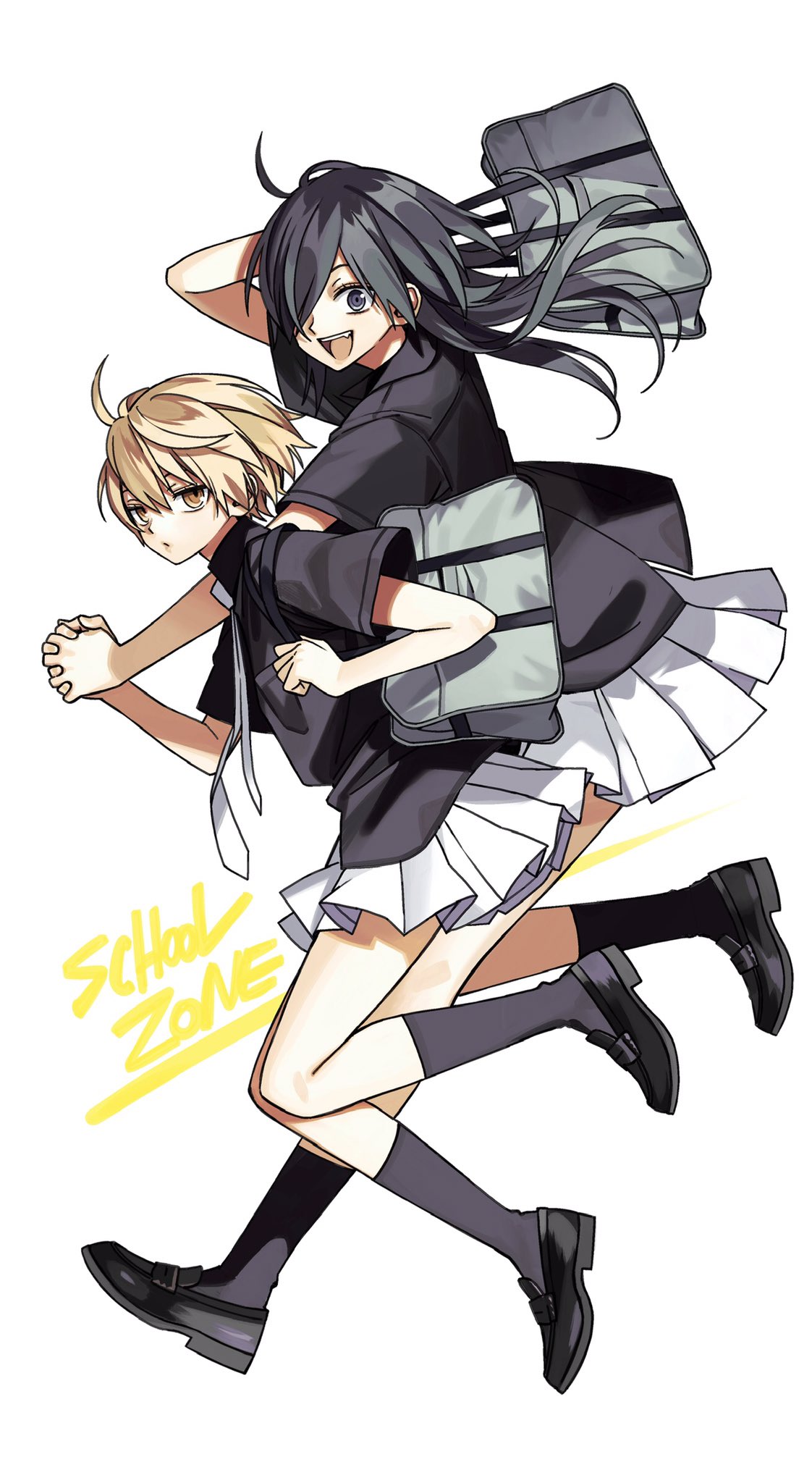 2girls, ahoge, arm_up, bag, black_footwear, black_hair, black_legwear, black_shirt, blonde_hair, commentary, copyright_name, english_text, fang, from_side, full_body, hair_over_one_eye, highres, holding_hands, interlocked_fingers, jumping, light_brown_eyes, long_hair, looking_at_viewer, midair, multiple_girls, necktie, ningiyau, one_eye_covered, open_mouth, parted_lips, pleated_skirt, school_bag, school_uniform, schoolzone, shirt, short_hair, short_sleeves, shoulder_bag, simple_background, skirt, socks, sugiura_kei, upper_teeth, white_background, white_neckwear, white_skirt, yokoe_rei, yuri
