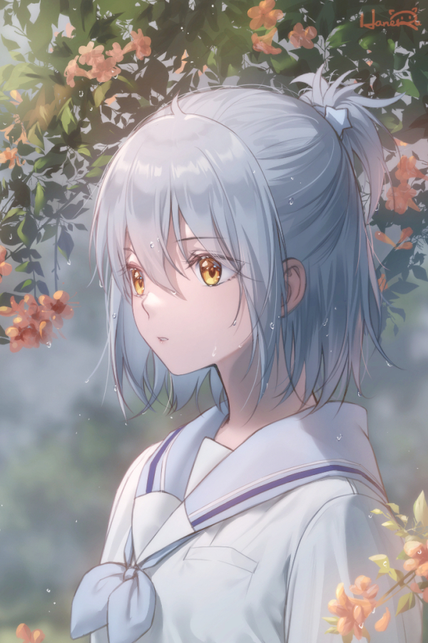 1girl, bangs, blue_neckwear, blue_sailor_collar, blurry, blurry_background, brown_eyes, brown_flower