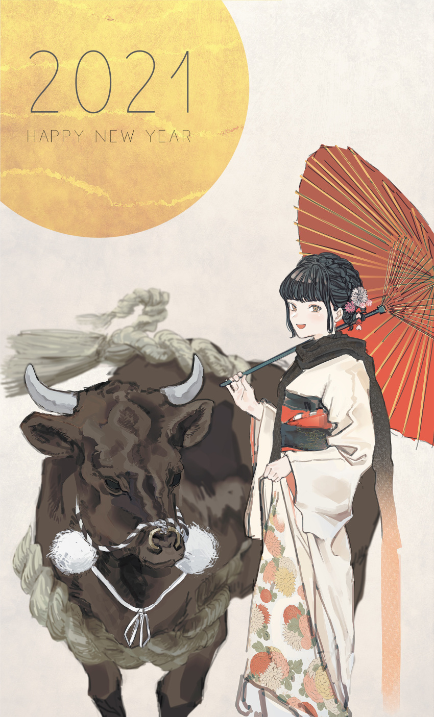1girl, 2021, absurdres, bangs, beige_kimono, black_hair, brown_eyes, bull