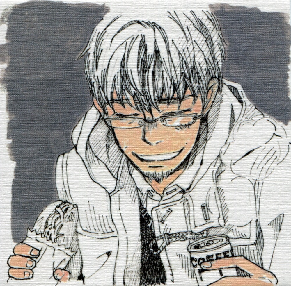 1boy, beard, black_vest, border, can, canned_coffee, close-up, closed_eyes, coffee, collared_shirt, dress_shirt, drink, facial_hair, facing_viewer, fingernails, food, food_wrapper, furrowed_brow, glasses, grey_background, hands_up, hayashida_takahashi, holding, holding_can, holding_food, jacket, light_smile, male_focus, partially_colored, sandwich, sangatsu_no_lion, shirt, simple_background, steam, umino_chika, upper_body, vest, white_border, winter_clothes