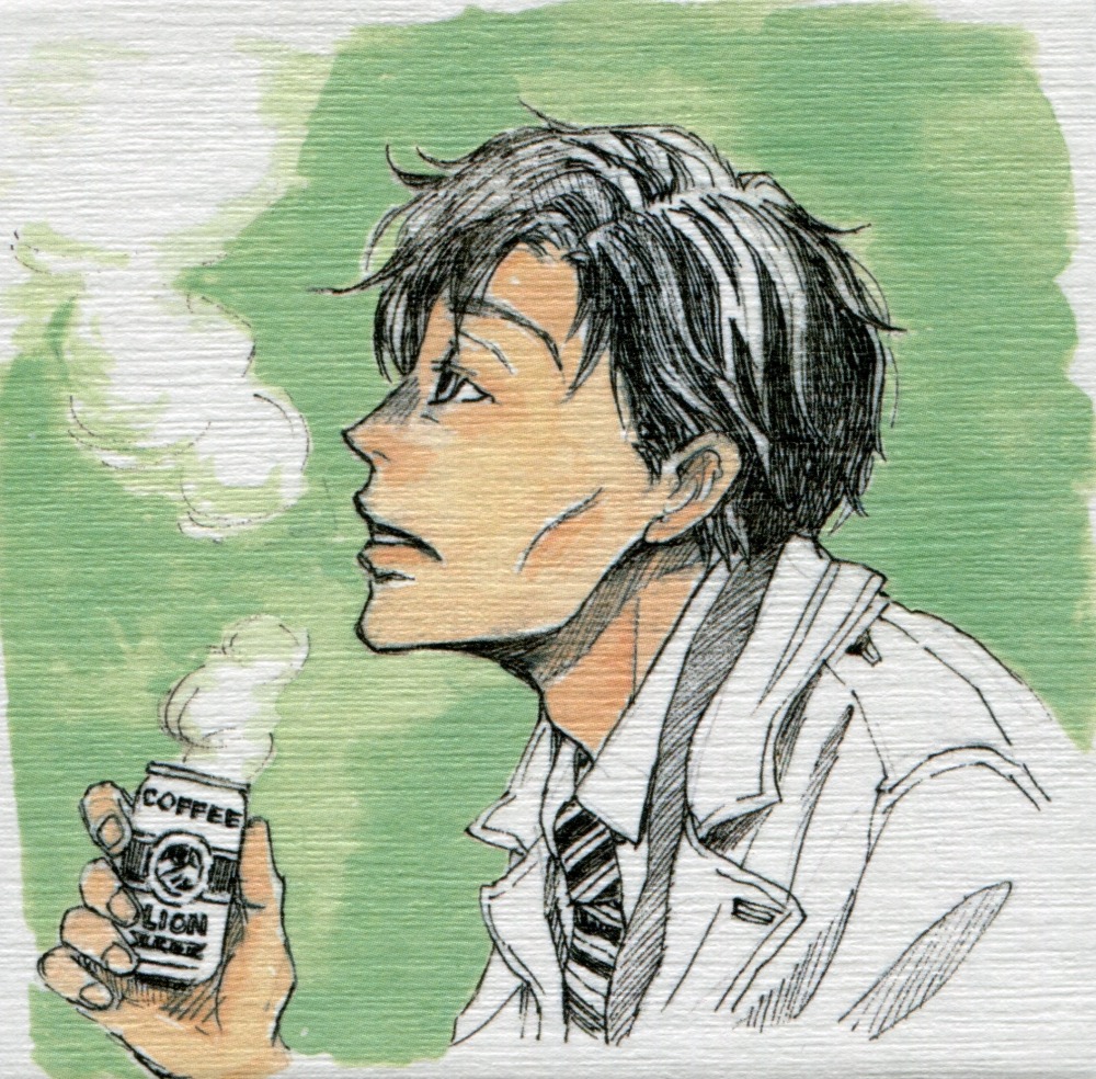 1boy, black_hair, border, can, canned_coffee, cheekbones, coat, coffee