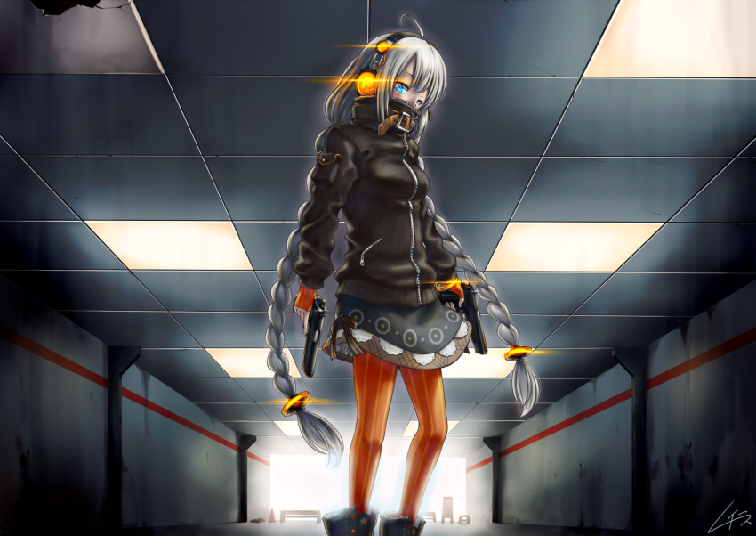 1girl, ahoge, bangs, black_coat, black_dress, blue_eyes, boots, bracelet