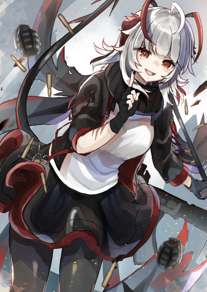 1girl, ahoge, andou_yuna, arknights, black_gloves, black_jacket, black_legwear, black_scarf