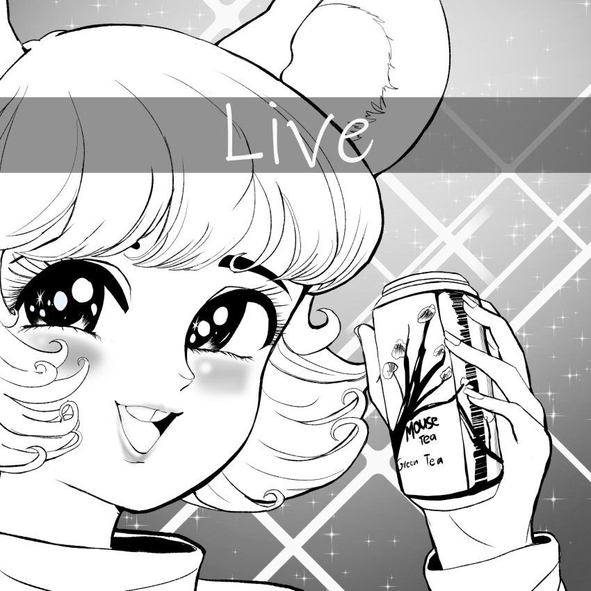 1girl, animal_ears, arizona_(drink), bangs, blush, can, commentary, english_commentary, english_text, face, franzj, greyscale, highres, holding, holding_can, looking_at_viewer, meme, monochrome, mouse_ears, nazrin, open_mouth, parody, short_hair, smile, snapchat, solo, sparkling_eyes, step_arts, style_parody, touhou