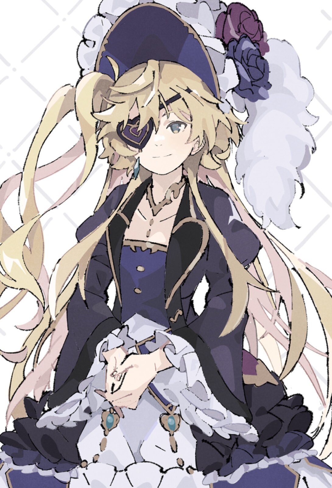 1girl, aoishi_drgr, bangs, blonde_hair, closed_mouth, dragalia_lost, dress, eyepatch