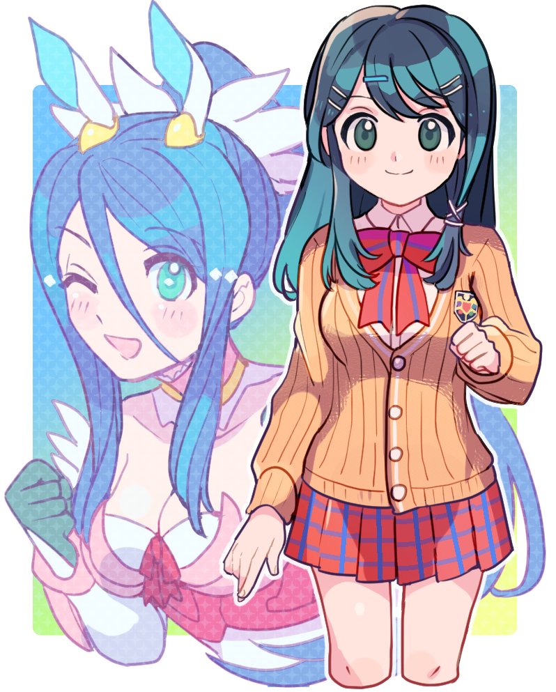 bangs, blue_eyes, blue_hair, blush, breasts, buttons, choker, dual_persona