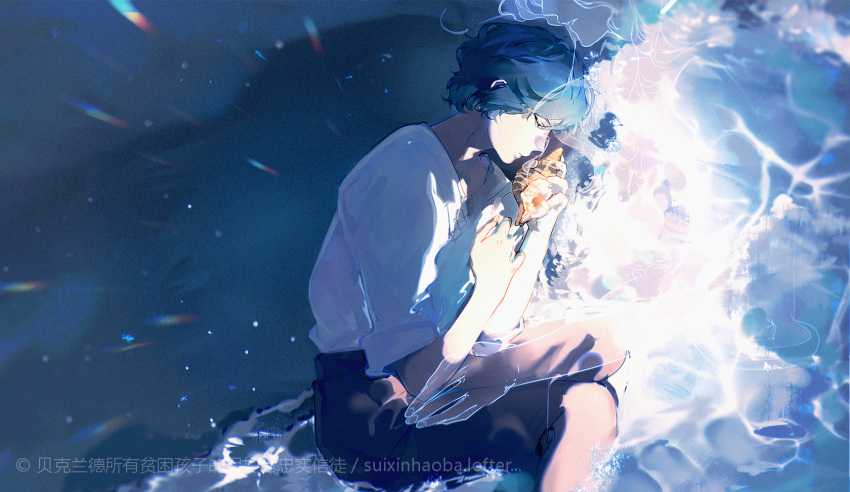 1boy, alger_wilson, bare_legs, beach, blue_hair, chinese_commentary, closed_eyes, closed_mouth