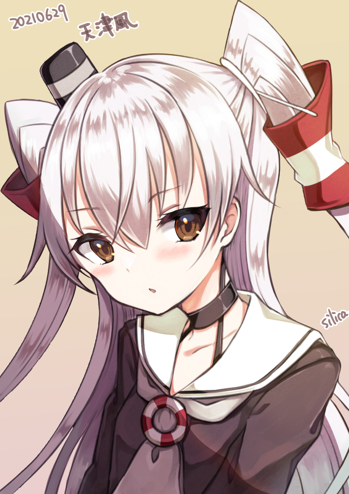 1girl, amatsukaze_(kancolle), beige_background, brown_dress, brown_eyes, character_name, dated, dress