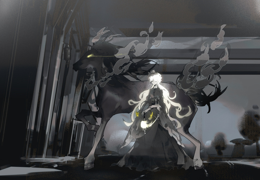 1girl, black_dress, black_headwear, blonde_hair, building, chinese_commentary, closed_eyes, closed_mouth, commentary_request, crossed_arms, dark, dress, ghost, hat, horse, lamp, linchain, long_dress, long_hair, lord_of_the_mysteries, mini_hat, night, night_sky, road, sharron_(lord_of_the_mysteries), sky, solo, street, transparent, tree, yellow_eyes