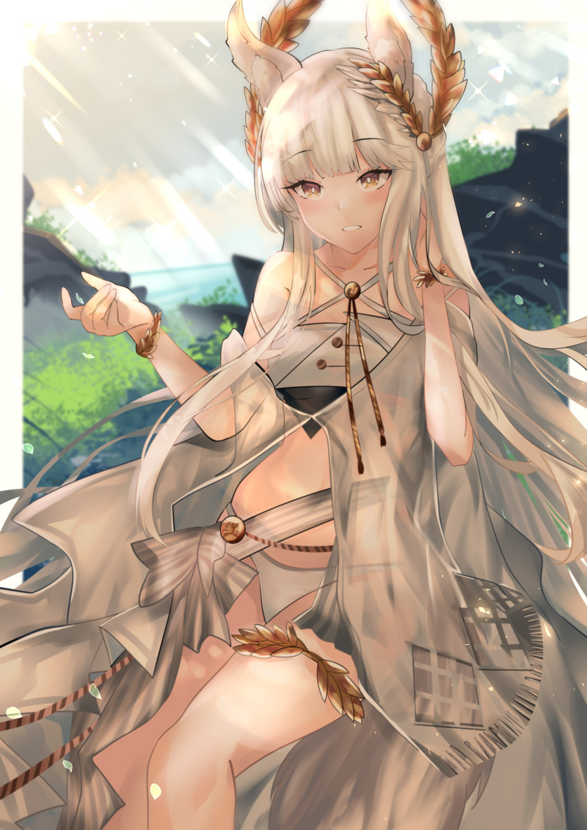 1girl, absurdres, animal_ear_fluff, animal_ears, arknights, bandeau, bangs, bare_arms, bare_shoulders, bikini, border, brown_eyes, cowboy_shot, criss-cross_halter, day, eyebrows_visible_through_hair, halterneck, hand_in_hair, hands_up, highres, holding, holding_hair, horse_ears, horse_girl, horse_tail, laurel_crown, long_hair, looking_at_viewer, ocean, official_alternate_costume, outdoors, parted_lips, platinum_(arknights), platinum_(shimmering_dew)_(arknights), seabread, silver_hair, solo, standing, stomach, swimsuit, tail, thighs, very_long_hair, white_bikini, white_border