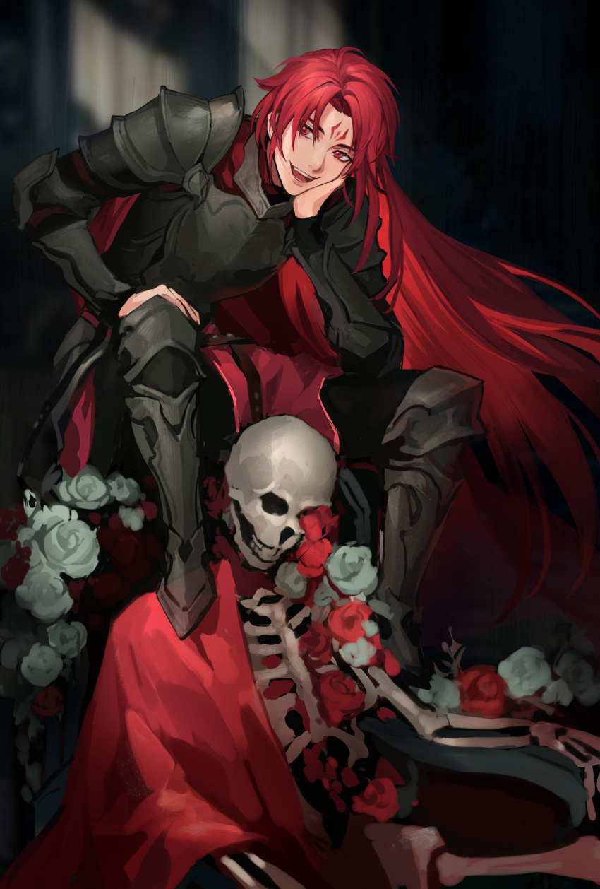1boy, absurdres, angel, armor, black_armor, flower, hand_on_own_cheek, hand_on_own_face, highres, hollow_eyes, long_hair, looking_to_the_side, lord_of_the_mysteries, medici_(lord_of_the_mysteries), open_mouth, pauldrons, red_eyes, redhead, rose, shadow, shoulder_armor, sitting, skeleton, skull, smile, tattoo, teeth, tongue, transparent, yumaomao2056