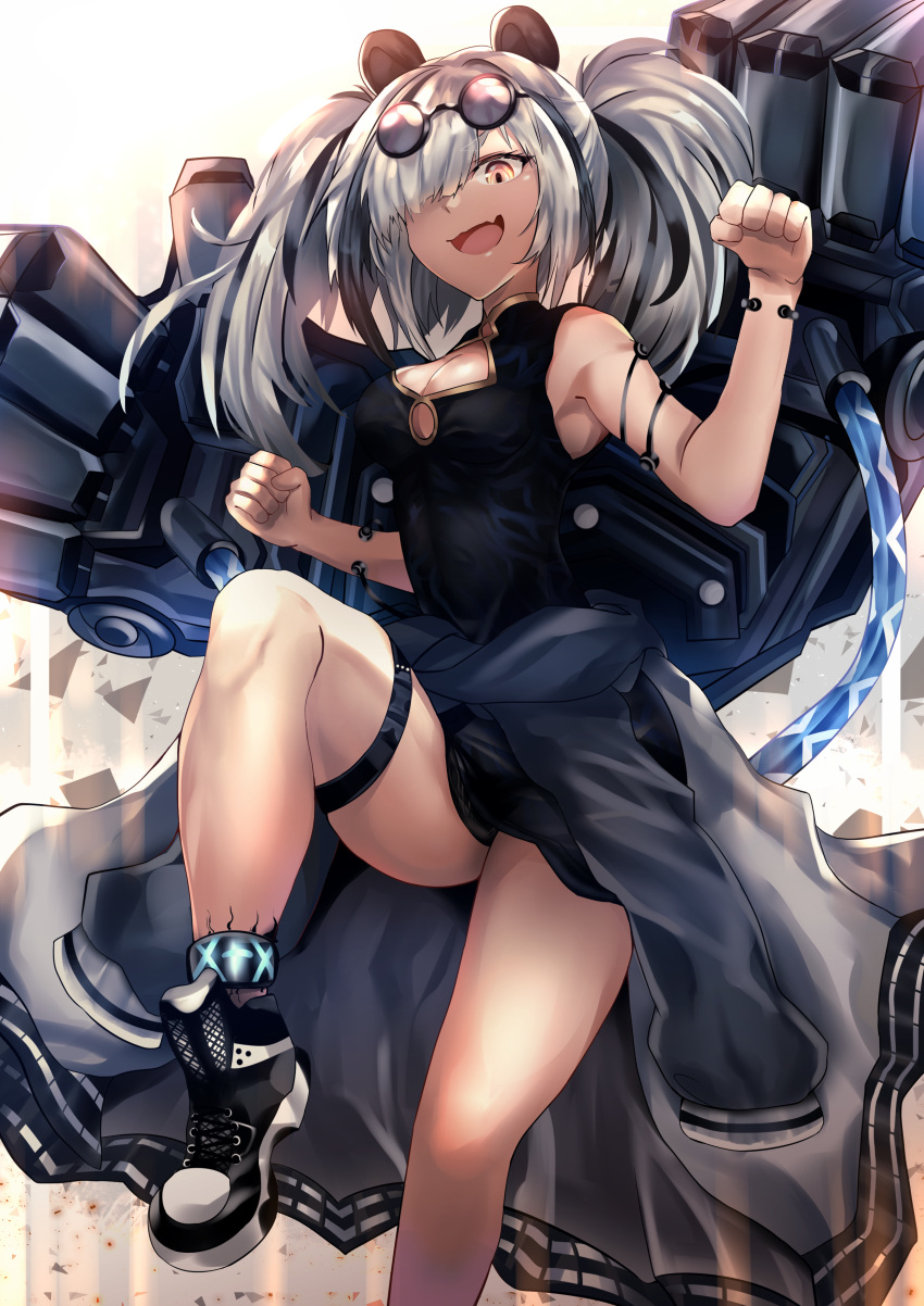 1girl, absurdres, arknights, black_dress, black_footwear, black_hair, black_jacket, breasts, china_dress, chinese_clothes, cleavage_cutout, clothing_cutout, commentary, dress, eyewear_on_head, feater_(arknights), foot_out_of_frame, hair_over_one_eye, highres, infection_monitor_(arknights), jacket, large_breasts, leg_belt, leg_up, long_sleeves, looking_at_viewer, mechanical_arms, multicolored_hair, open_clothes, open_jacket, open_mouth, purple-tinted_eyewear, round_eyewear, seabread, shoes, simple_background, smile, sneakers, solo, standing, standing_on_one_leg, streaked_hair, sunglasses, two-tone_hair, two-tone_jacket, white_hair, yellow_eyes