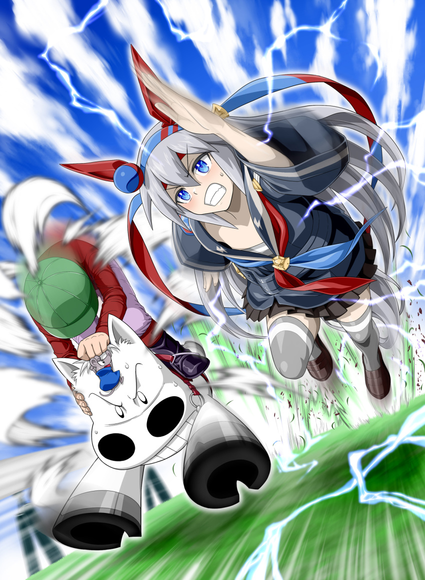 0_0, 1boy, 1girl, 1other, blue_eyes, chibi, clenched_teeth, ear_covers
